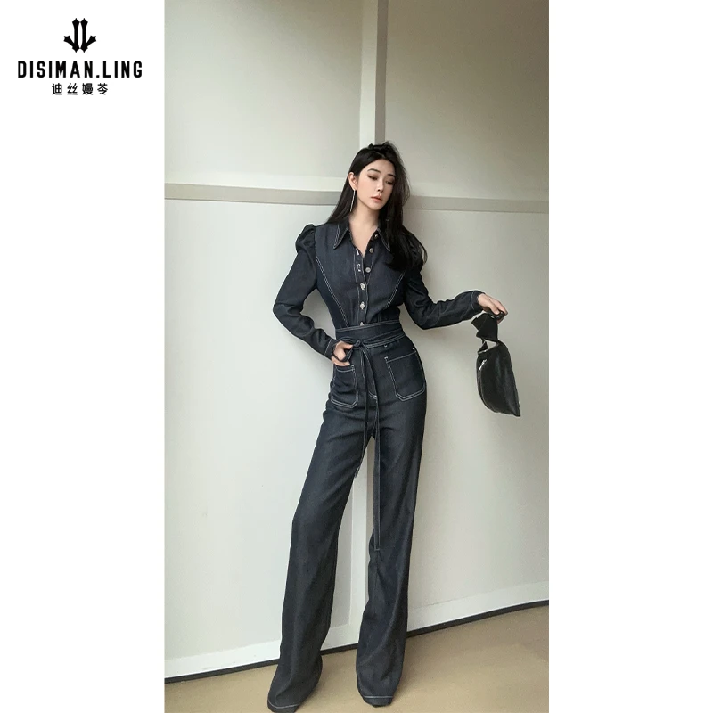 迪丝嫚苓蓝色牛仔连体裤气质长袖时尚休闲显瘦高腰原创小众设计感