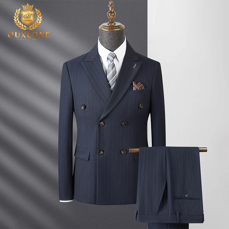 OUXLDNE时尚商务双排扣西装男套装韩版修身西服大码条纹结婚礼服