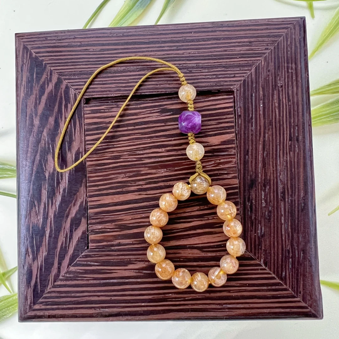 【圣芭黎】天然发晶手机挂链圆珠六方珠舒俱来4 /D1760多样性发一