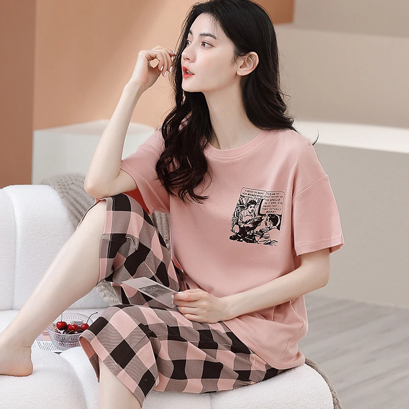 100%纯棉短袖七分裤睡衣女夏季薄款休闲时尚可外穿短袖长裤家居服