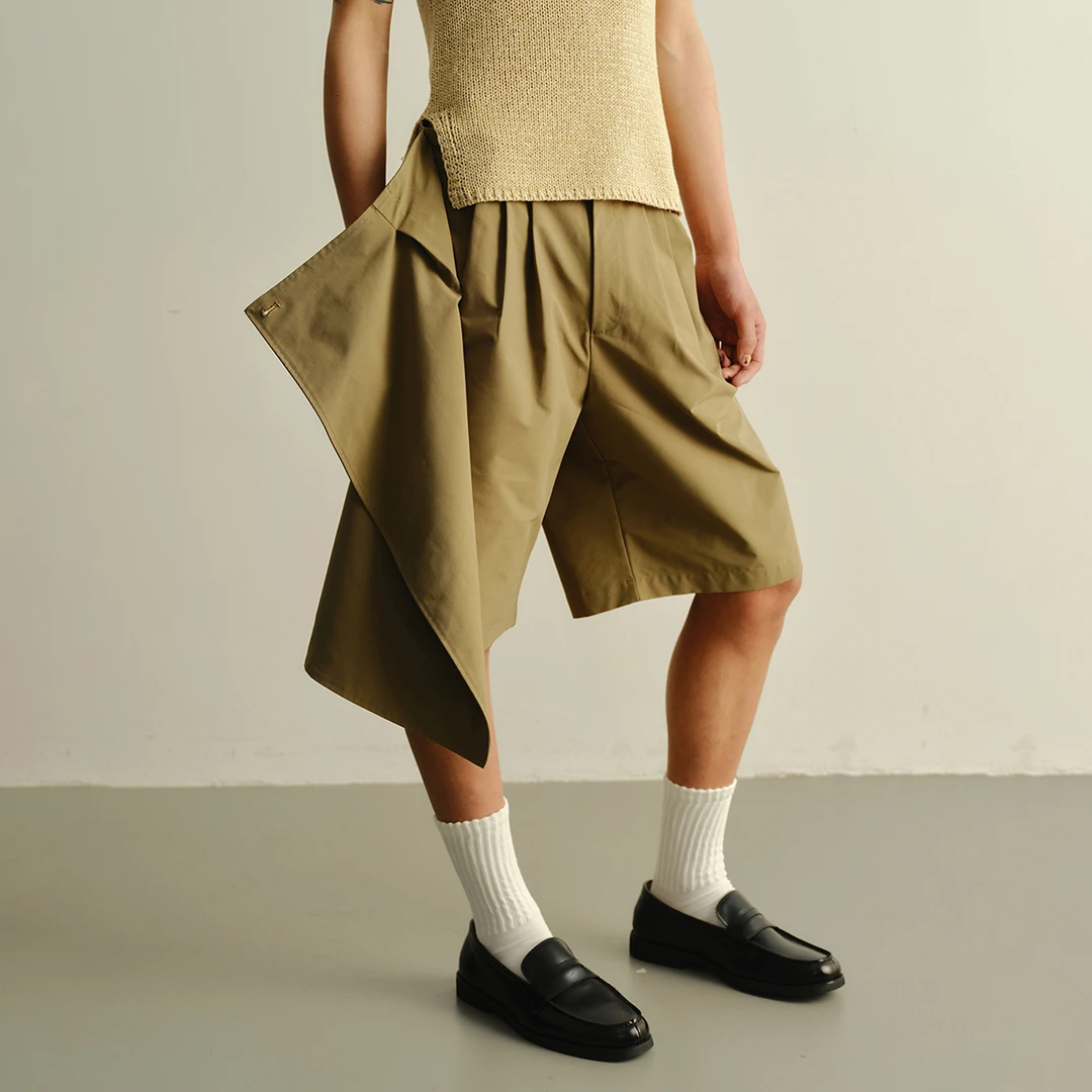 KADAKADA原创小众设计卡其色时装多穿压褶男女围裙阔腿短裤裙裤