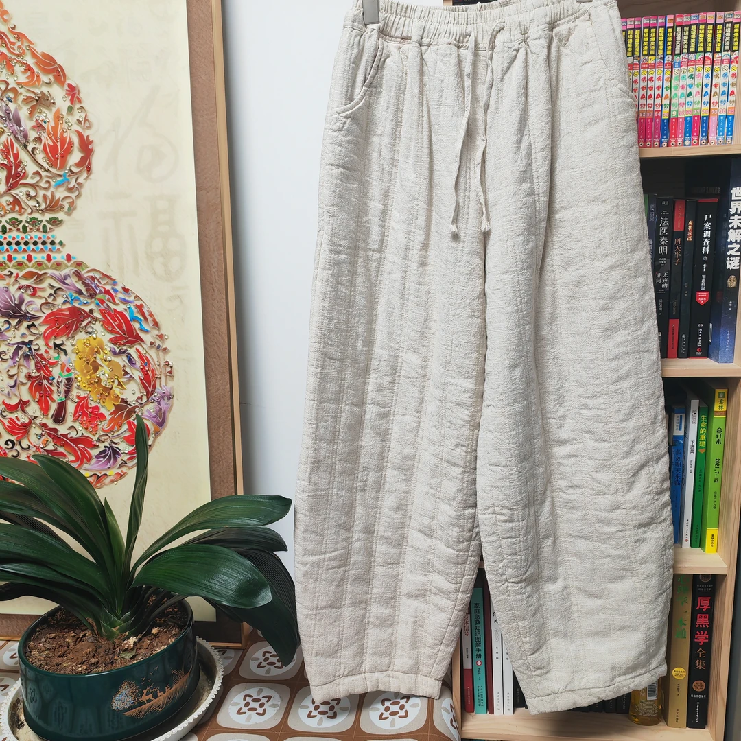 新中式松紧腰高腰亚麻棉裤萝卜裤