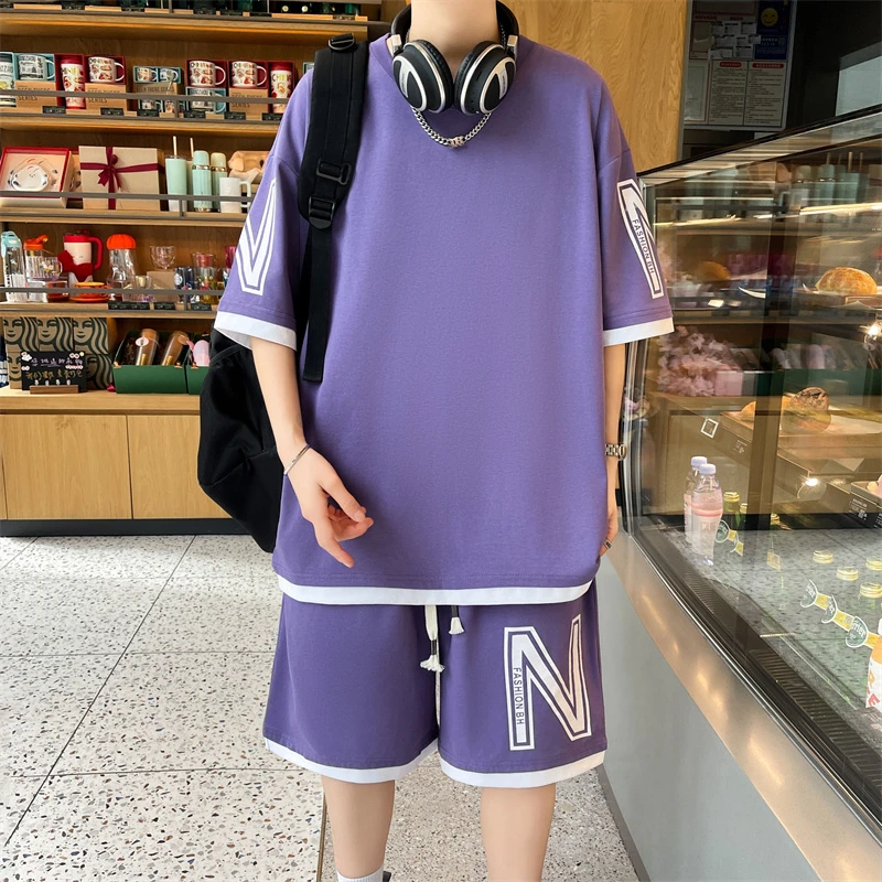 夏季新款青少年男生短袖套装五分裤韩版宽松印花男生休闲套装