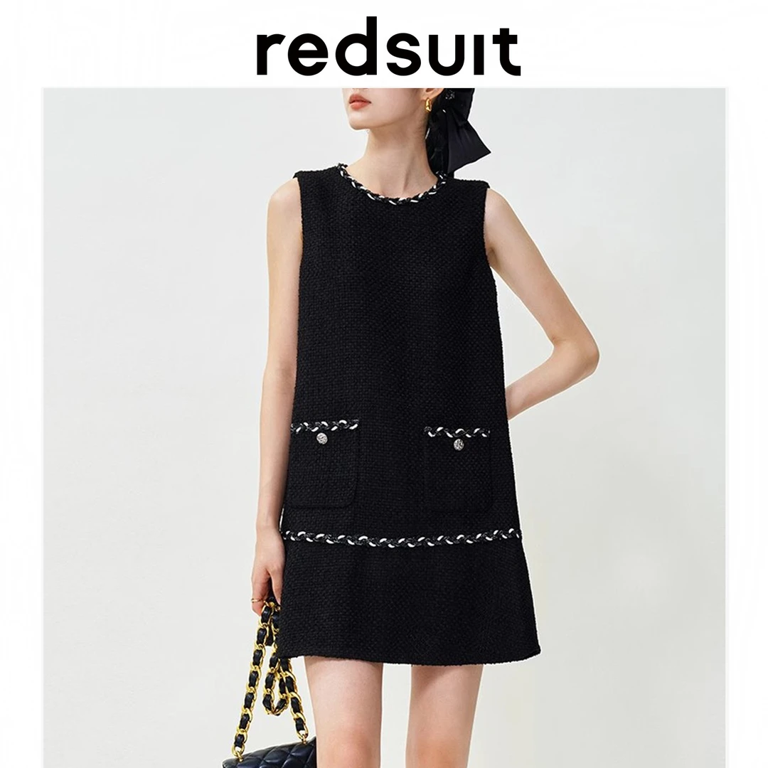 redsuit 法式轻奢气质小香风高级感撞色荷叶边显瘦圆领无袖连衣裙