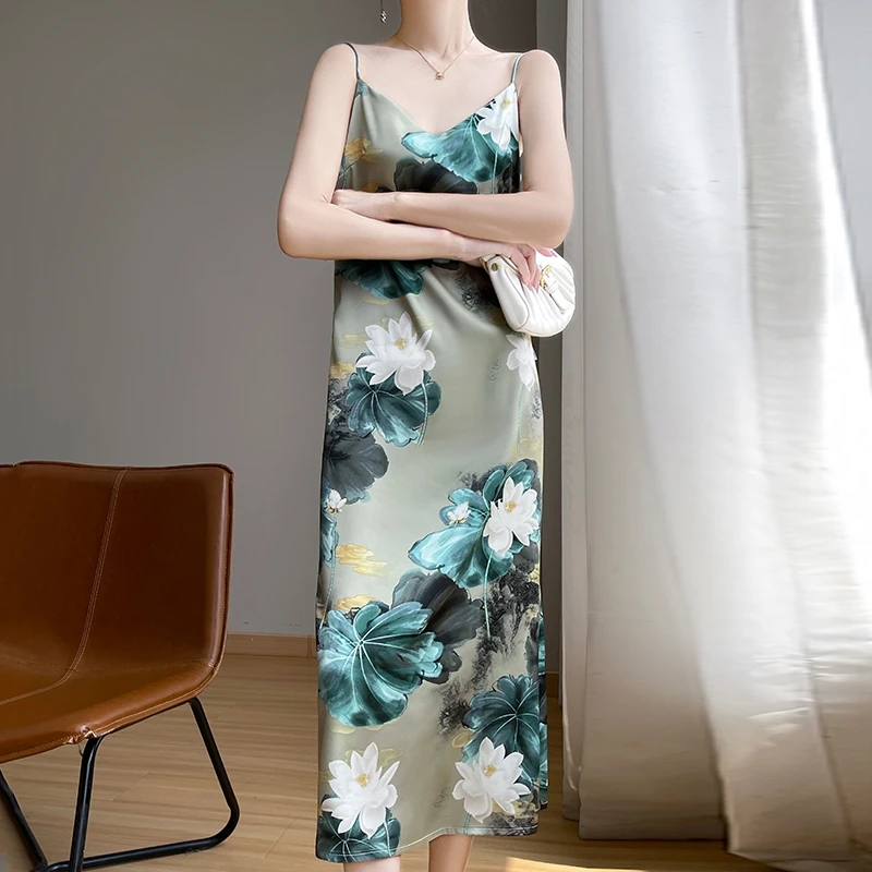 优雅重工提花工艺V领撞色绸缎长裙夏季女士新款细肩吊带连衣裙