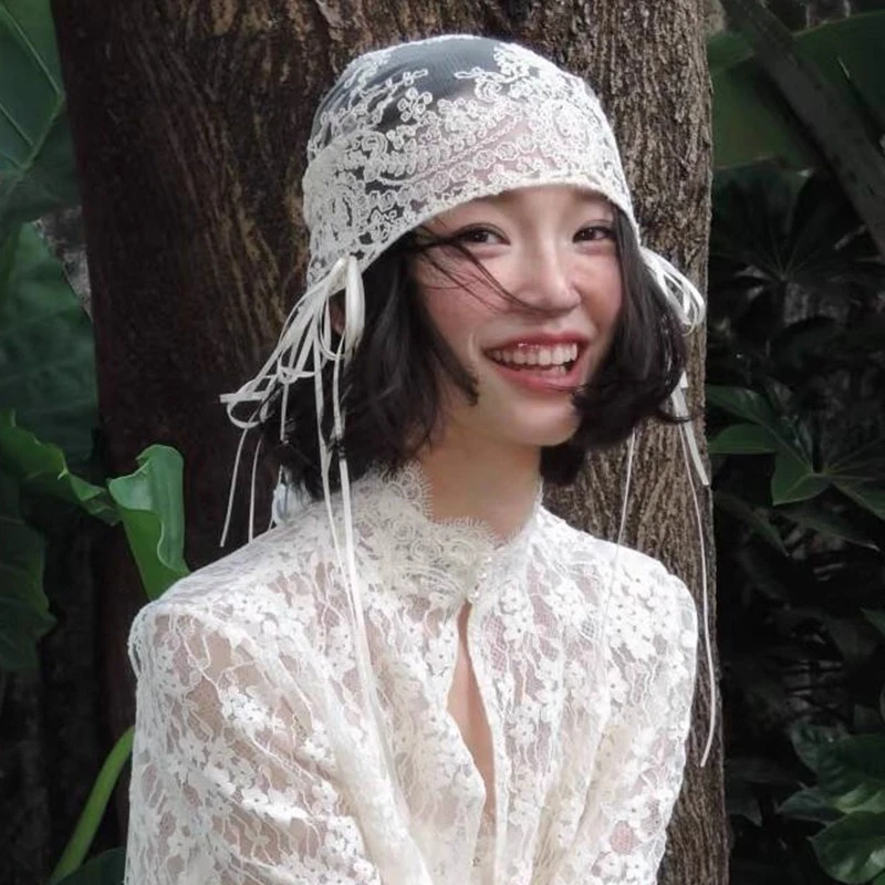 2025夏款法式高级蕾丝帽芭蕾少女蝴蝶结发饰拍照头巾大气新娘头饰