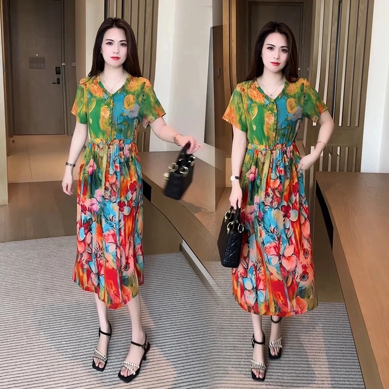 碎花连衣裙2025薄款收腰夏季洋气新款显瘦中长裙气质时尚妈妈裙子