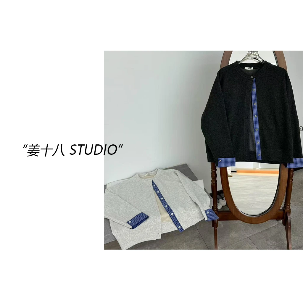 姜十八-「撞碰心巴」韩国单！清新蓝格子撞色门襟棒球服开衫外套