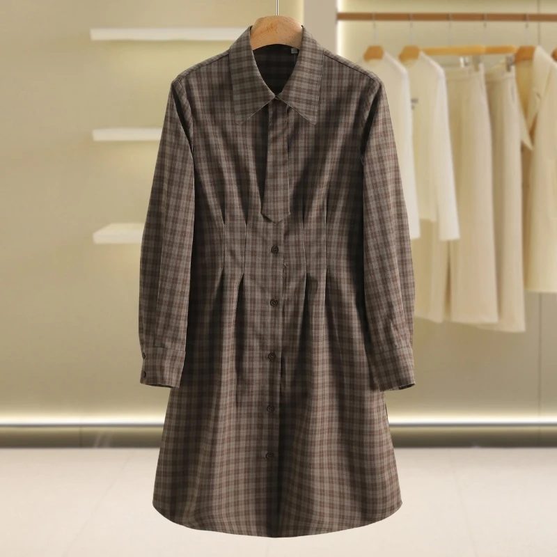 【伍莎-自营】减龄格子修身领带长袖连衣裙#QMN48L004