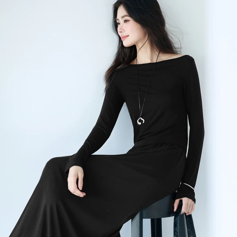 伊芙丽天丝一字领抽褶长袖打底T恤2025春季1G3901091