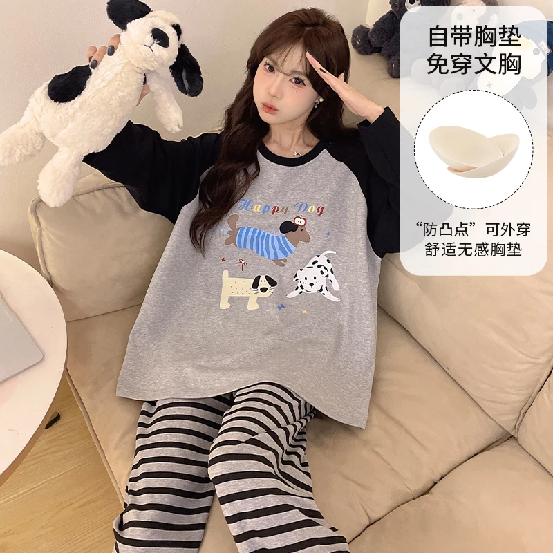 芯语婷春秋季新款黑灰插肩小狗女带胸垫睡衣冬季长袖家居服可外穿