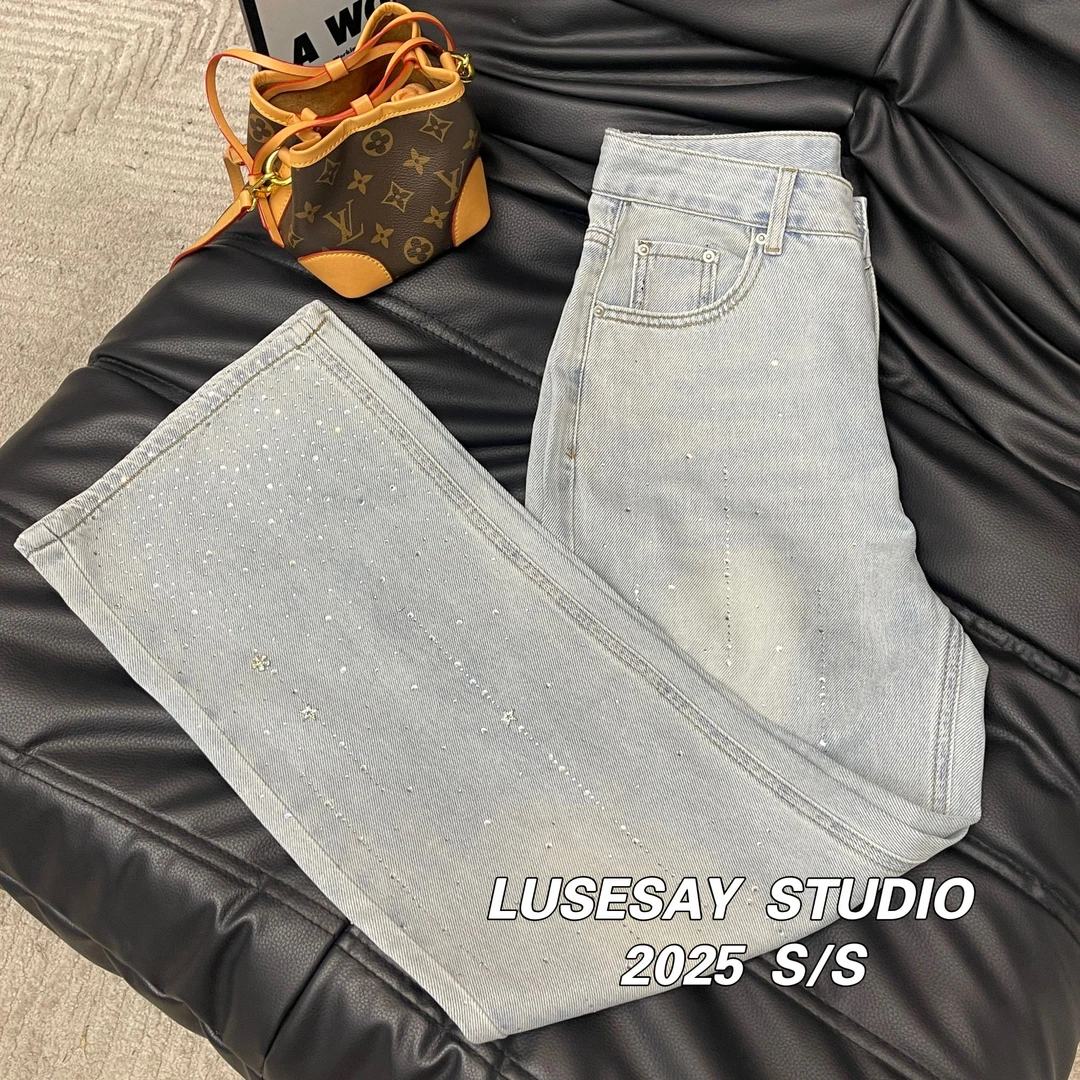 2025夏季新款烫钻阔腿牛仔裤女高腰复古显瘦百搭直筒长裤子