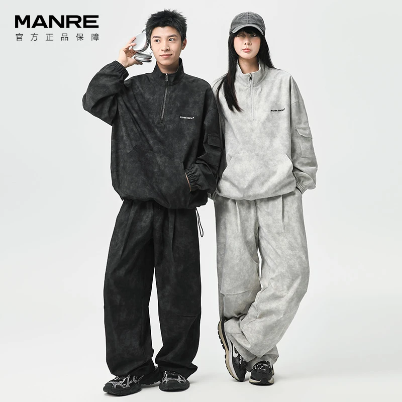MANRE SHOW休闲运动套装秋季扎染夹克弯刀裤套装男情侣装宽松潮流