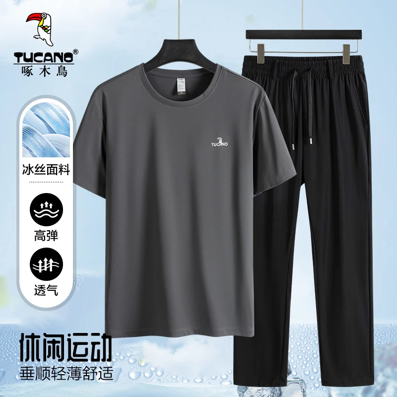 夏季冰丝弹力套装男士短袖T恤+休闲裤子男2025新款爸爸单件两件套