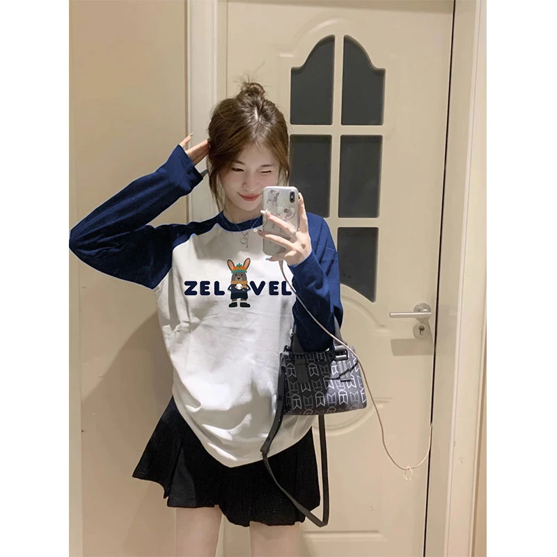 纯棉设计感撞色插肩长袖t恤女2025春季新款韩版宽松中长款上衣ins