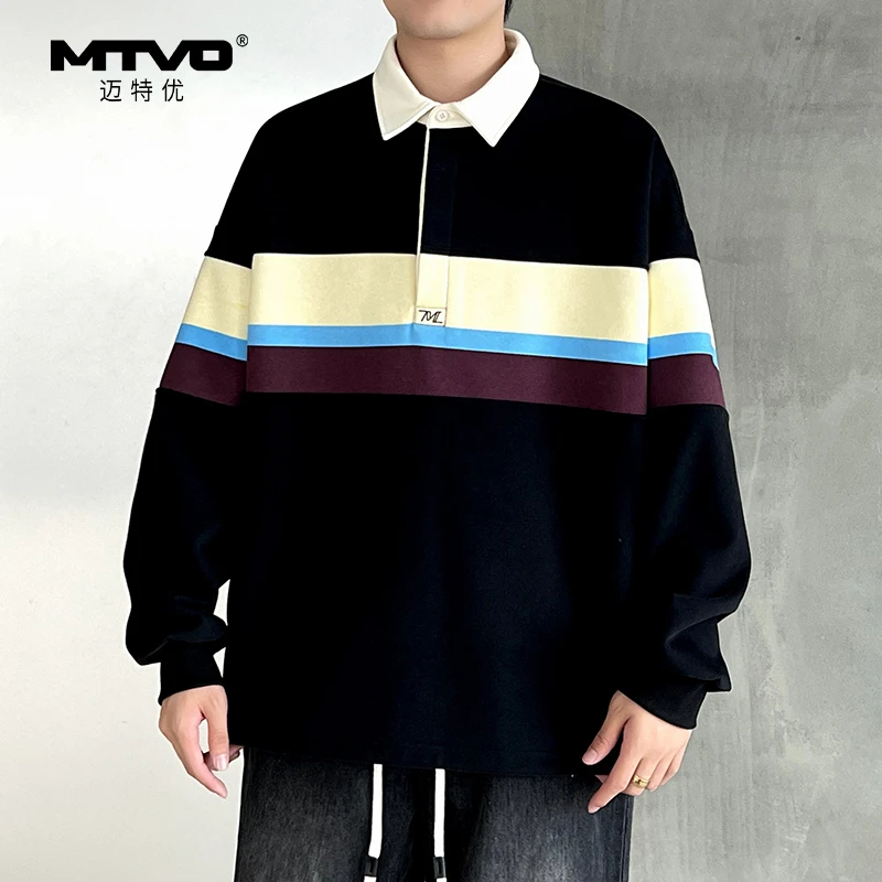 MTVO迈特优复古拼色POLO领休闲卫衣男秋季新款潮流ins风宽松上衣