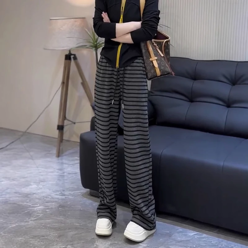 大码女装高腰显瘦遮胯直筒休闲裤子女秋季新款百搭复古条纹阔腿裤