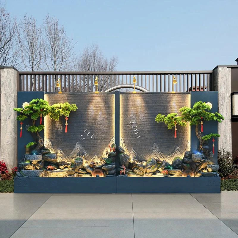 大型水幕墙流水摆件花园庭院假山鱼池公司酒店屏风流水墙装饰造景