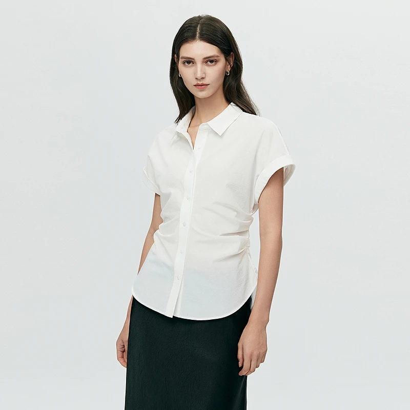 初棉【7.4上新】初棉夏季气质通勤褶皱收腰开襟短袖衬衫363604056