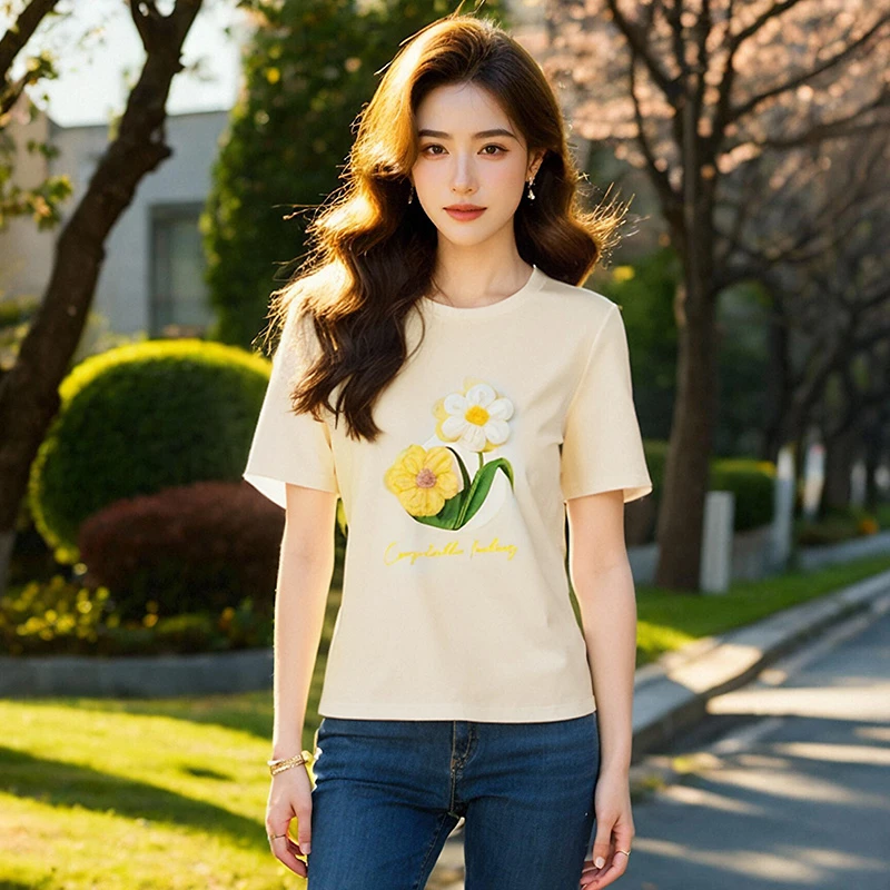 奢姿大码女装2025夏季减龄花朵立体字母印花T恤胖妹妹时尚上衣