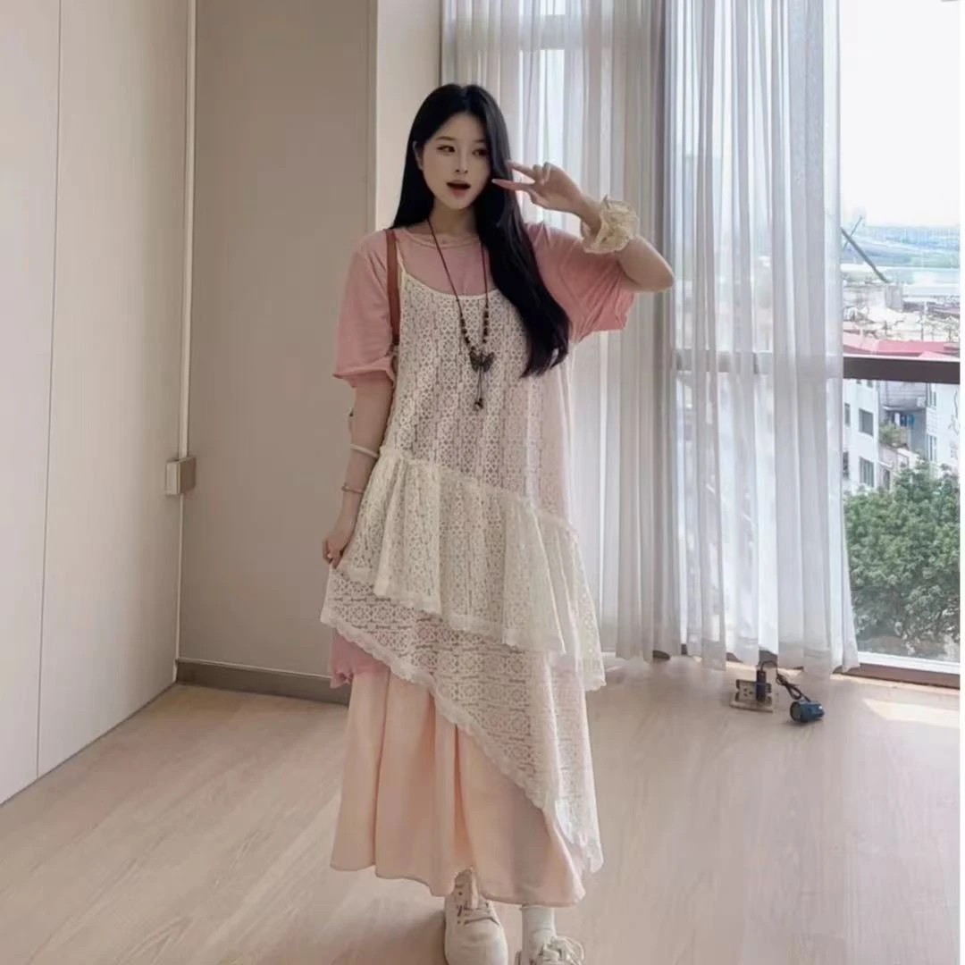 甜美风森系时尚套装裙子碎花套装夏季吊带裙宽松显瘦镂空蕾丝