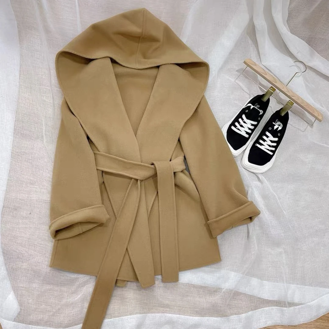 连帽短款腰带双面呢大衣女舒适显瘦休闲风