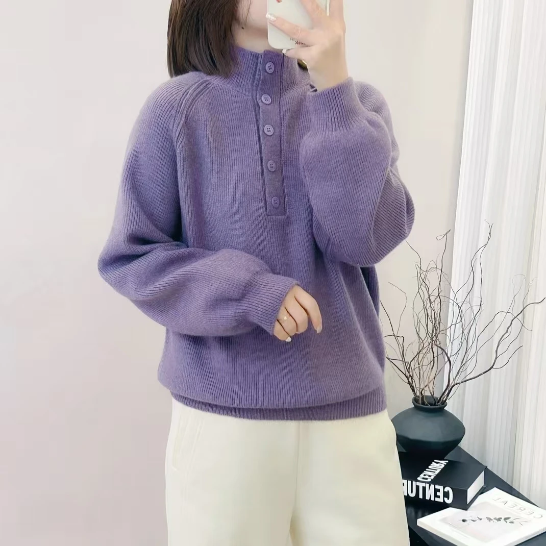 胖mm大码洋气秋冬纽扣显瘦时尚软糯立领休闲百搭宽松毛衣女针织衫