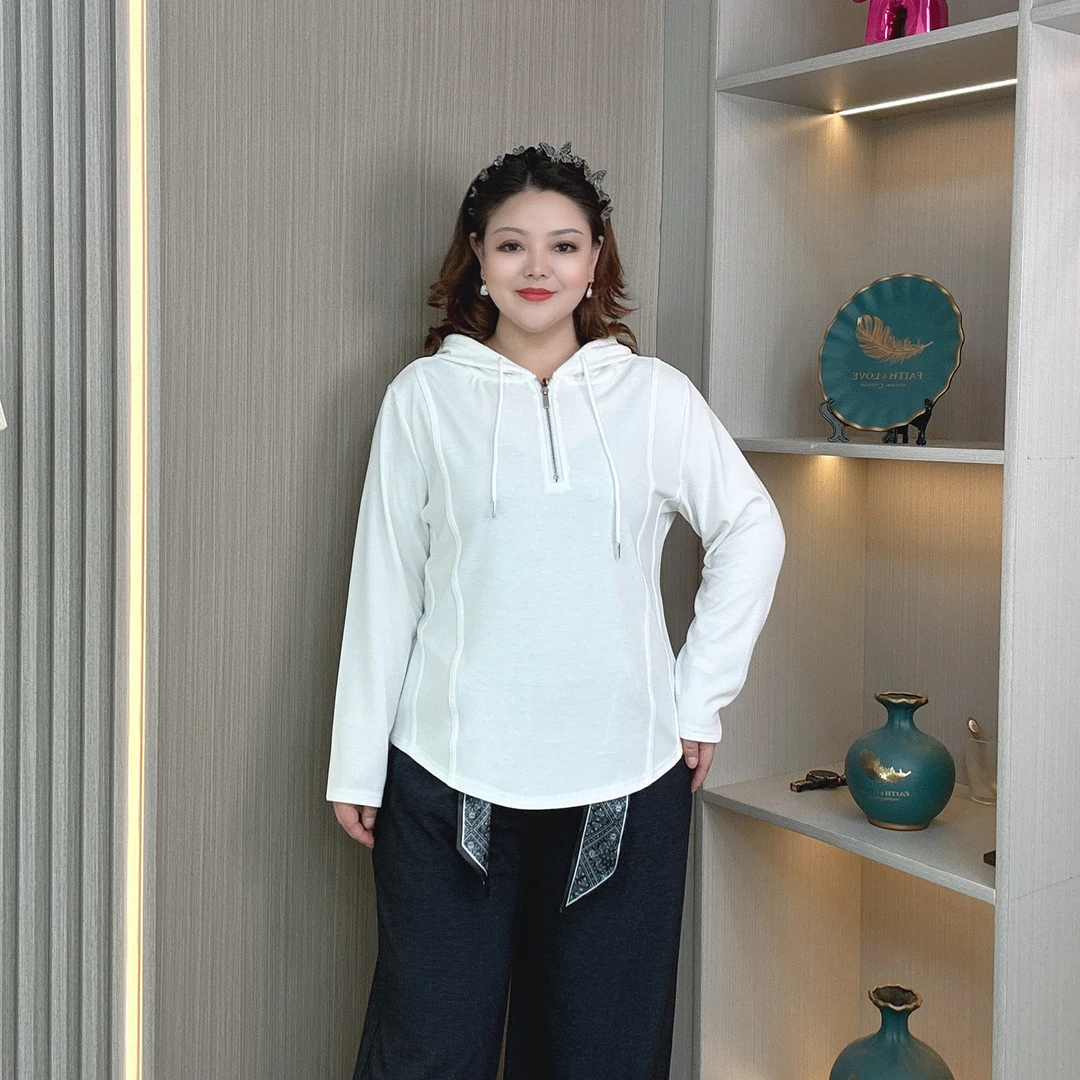 大码胖mm连帽长袖T恤女春秋新款内搭打底衫休闲百搭卫衣帽衫上衣