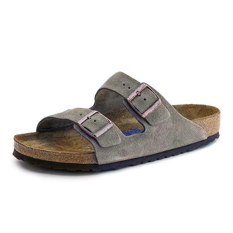 牛皮勃肯鞋男鞋女鞋软木凉拖鞋男女同款软底双排扣一字拖外穿真皮