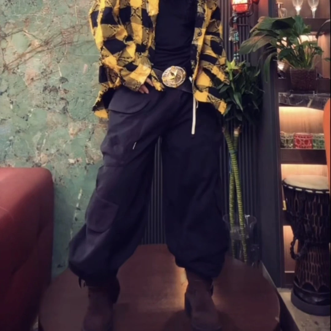 设计师款多兜个性做旧黑色裤子