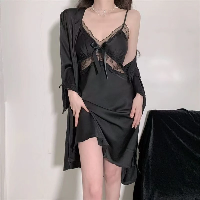 8311款性感V领吊带裙外袍高级轻奢蕾丝睡裙套装