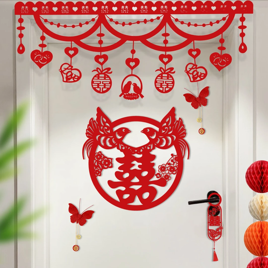 菲寻婚房布置套装结婚门帘挂件婚礼女方新房客厅房门喜字拉花装饰