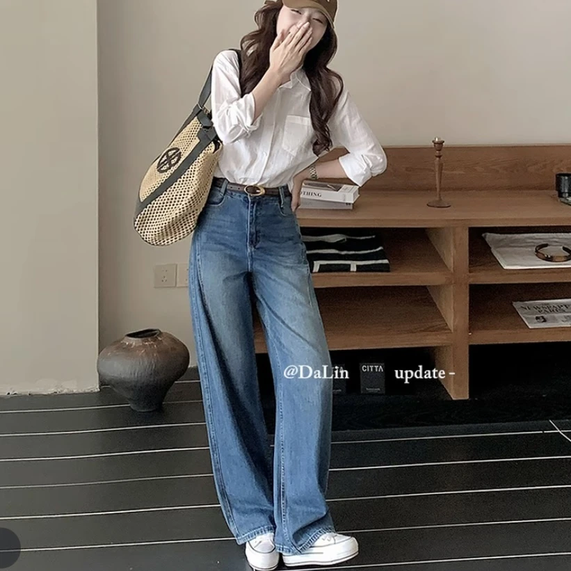 【现货+运费险】深蓝色弯刀直筒牛仔裤女2025秋季新款显瘦阔腿裤子
