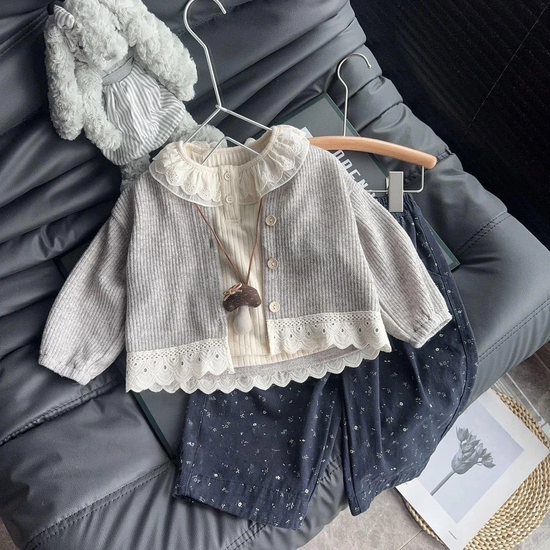 戴维贝贝优选2025韩版女童套装新款女宝秋款拼接洋气花边外套裤子