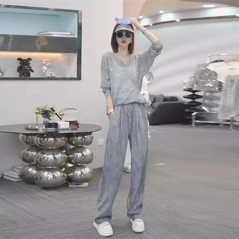 大方得体穿搭两件套装女款2025新款针织防晒罩衫高腰休闲运动裤子