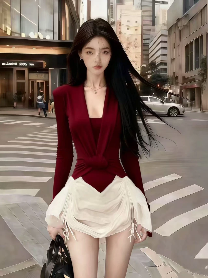 韩版小众纯欲氛围感穿搭酒红色修身长袖V领显瘦百搭气质连衣裙