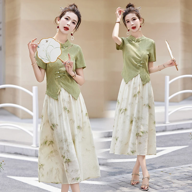 新中式镂空露肩盘扣皱感上衣印花半裙套装夏女251