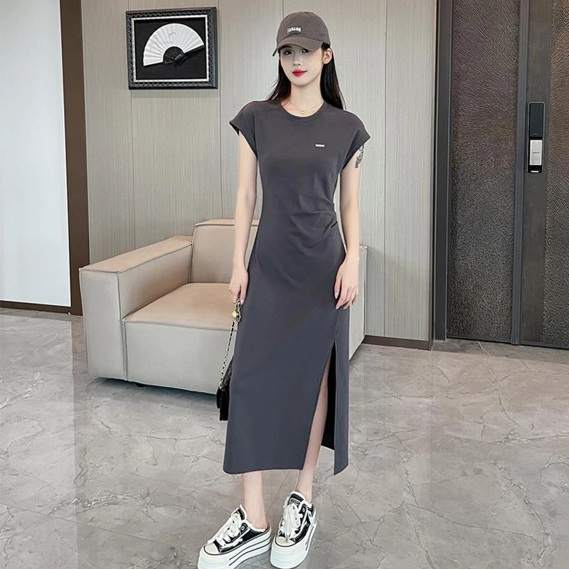 法芬图显瘦气质休闲连衣裙女2025夏季新款轻奢修身短袖t恤裙长裙
