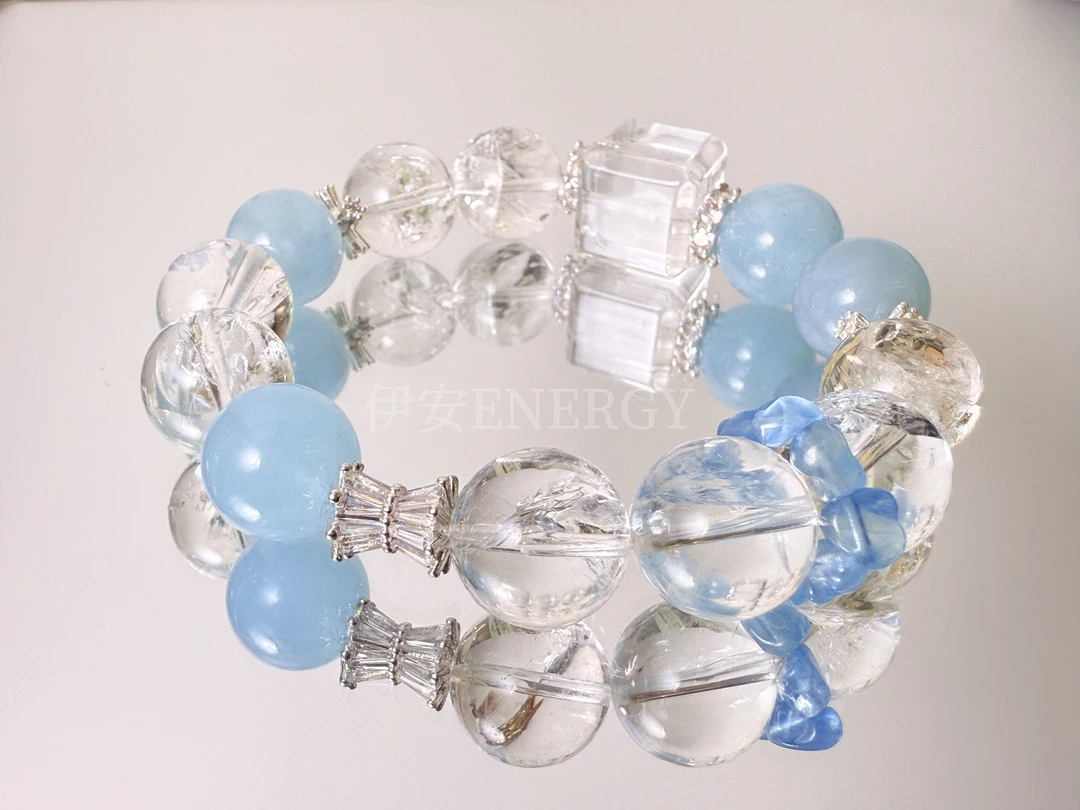 天然水晶 海蓝宝 白阿塞 白水方糖 设计款手串