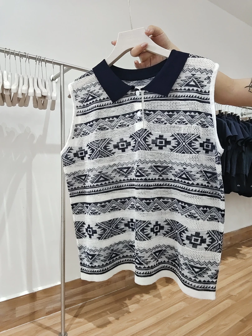 无袖提花拼色黑白上衣毛针织衫时尚千鸟格女条纹夏季