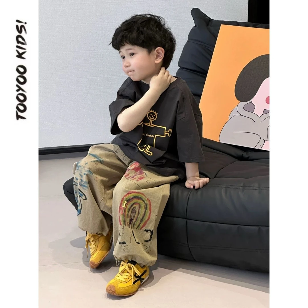 儿童童装套装2025夏季新款印花短袖t恤百搭涂鸦长款防蚊裤两件套T