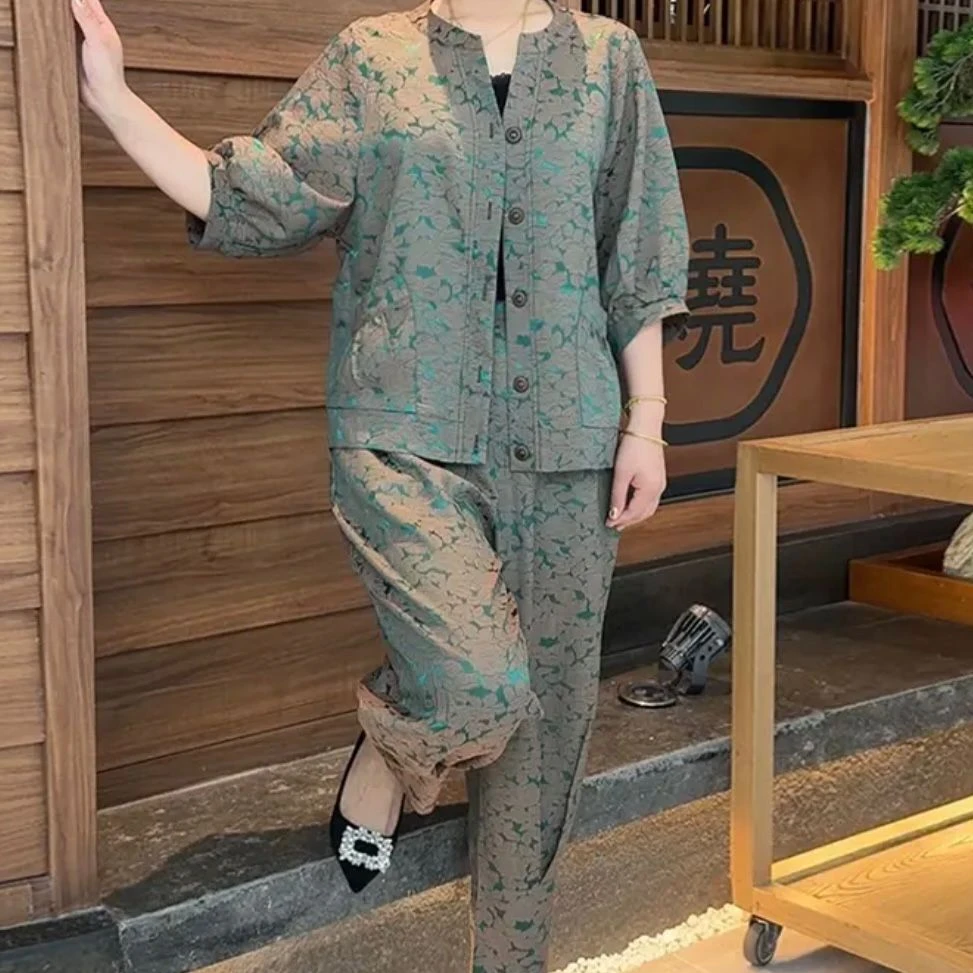 2025夏季新款云锦提花花短袖开衫单排扣时尚洋气大码两件套