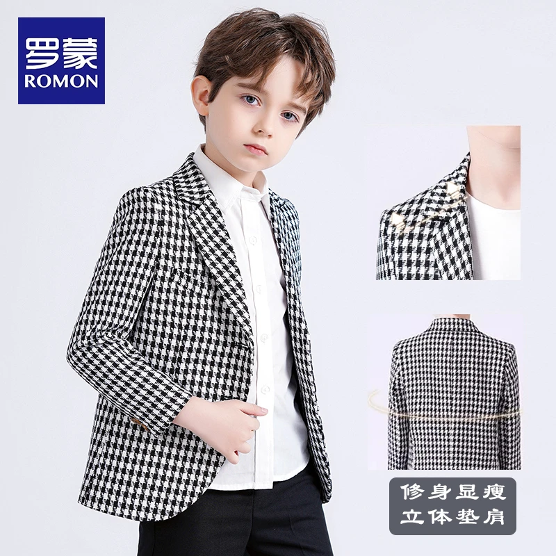 Romon/罗蒙男童西装套装2025新款儿童休闲西服韩版外套千鸟格上衣