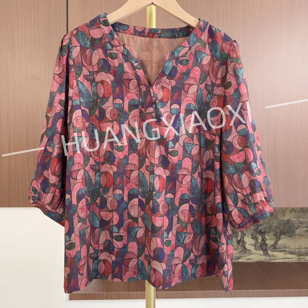 HUANGXIAOXI 复古粉蓝几何画洋气中袖小衫 HXX-113