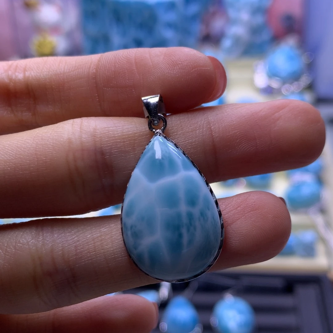 针钠钙石（海纹石）银S925镶嵌吊坠(不含链)水滴吊坠色差略异