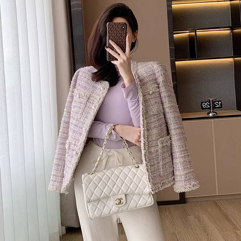 小香风紫色毛呢外套女冬季新款名媛气质加厚保暖白鸭绒粗花呢上衣