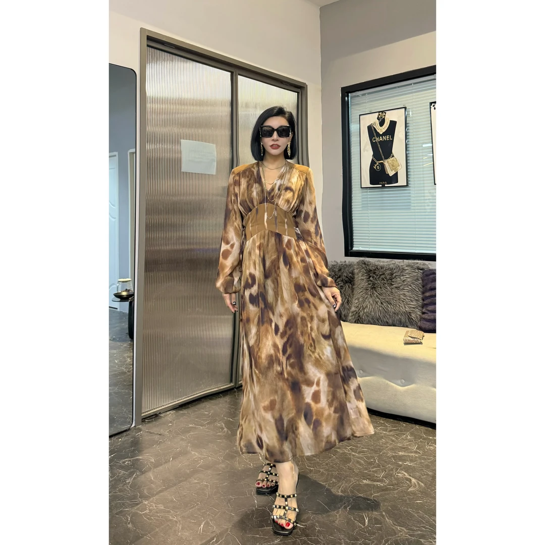 SONG-原创【连衣裙-晚塘星湖】新款豹纹印花时尚百搭显瘦气质长袖