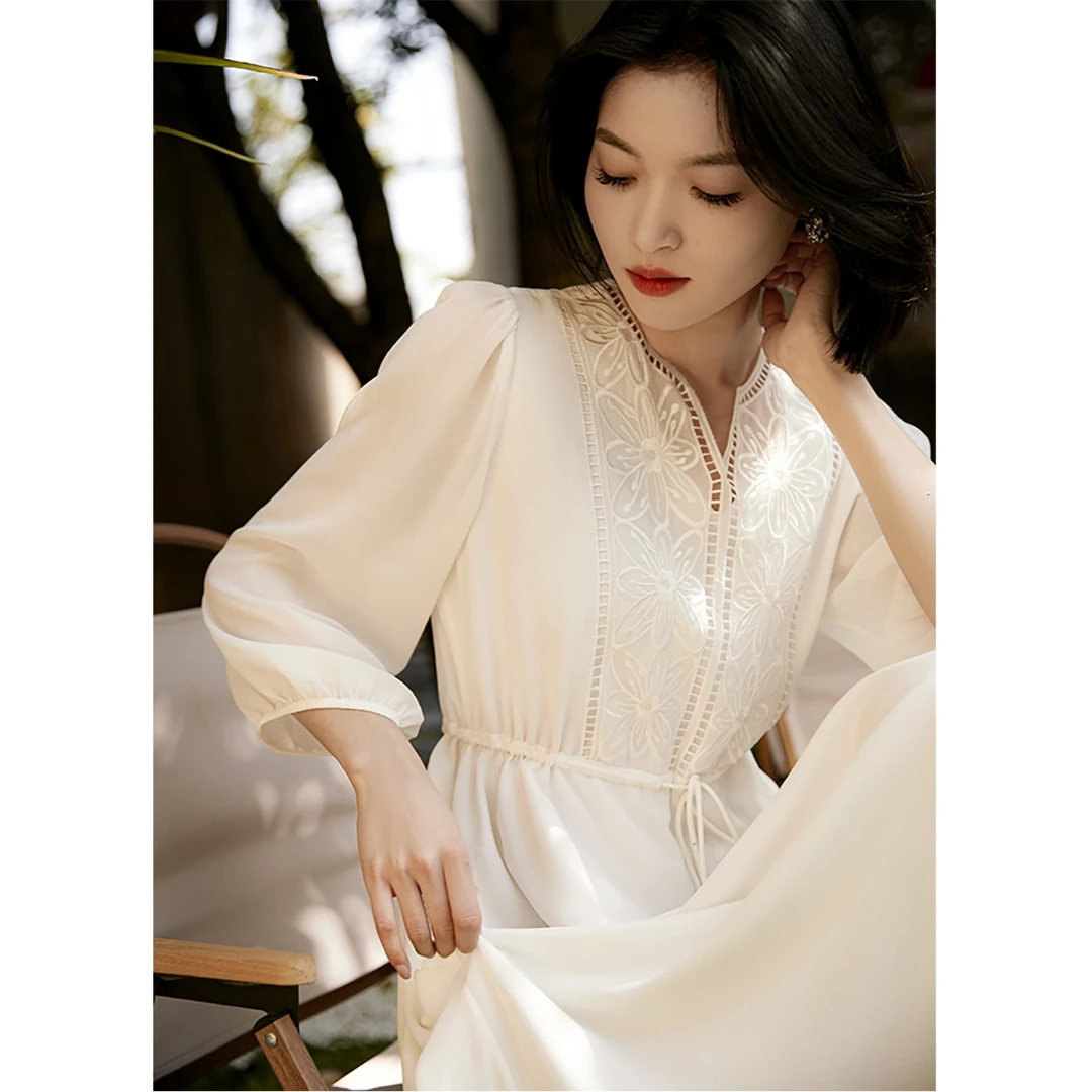 笑涵阁维多利亚仙女裙定位刺绣 轻薄飘逸乔其桑蚕丝连衣裙 气质复