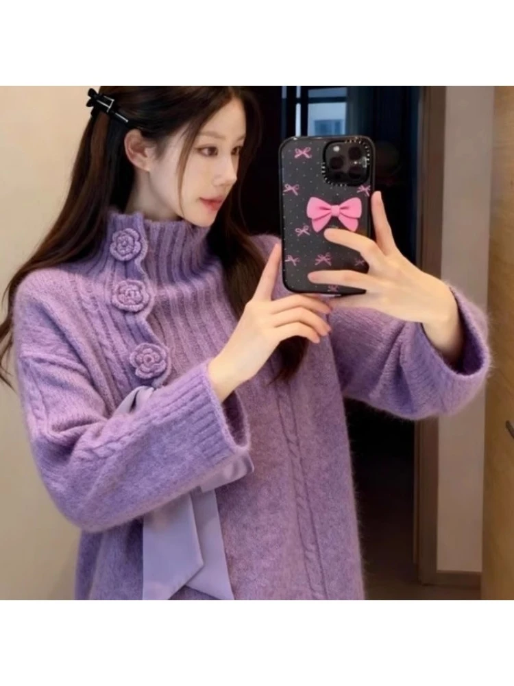 紫色蝴蝶结立领毛衣女款2025新款秋冬立体花朵气质长袖针织衫上衣