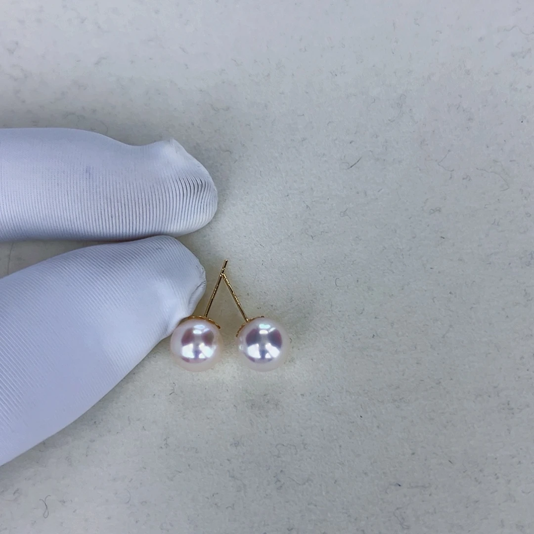 海水珍珠海水akoya天女耳钉8-8.5mm18K金镶嵌